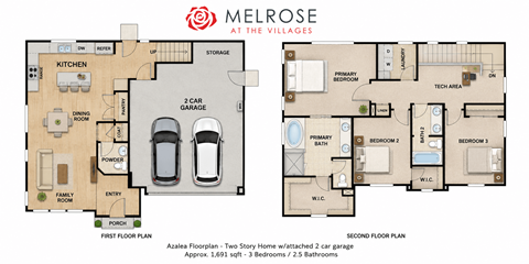 Floor plan for 3 beds, 2.5 baths, 1691 sqft